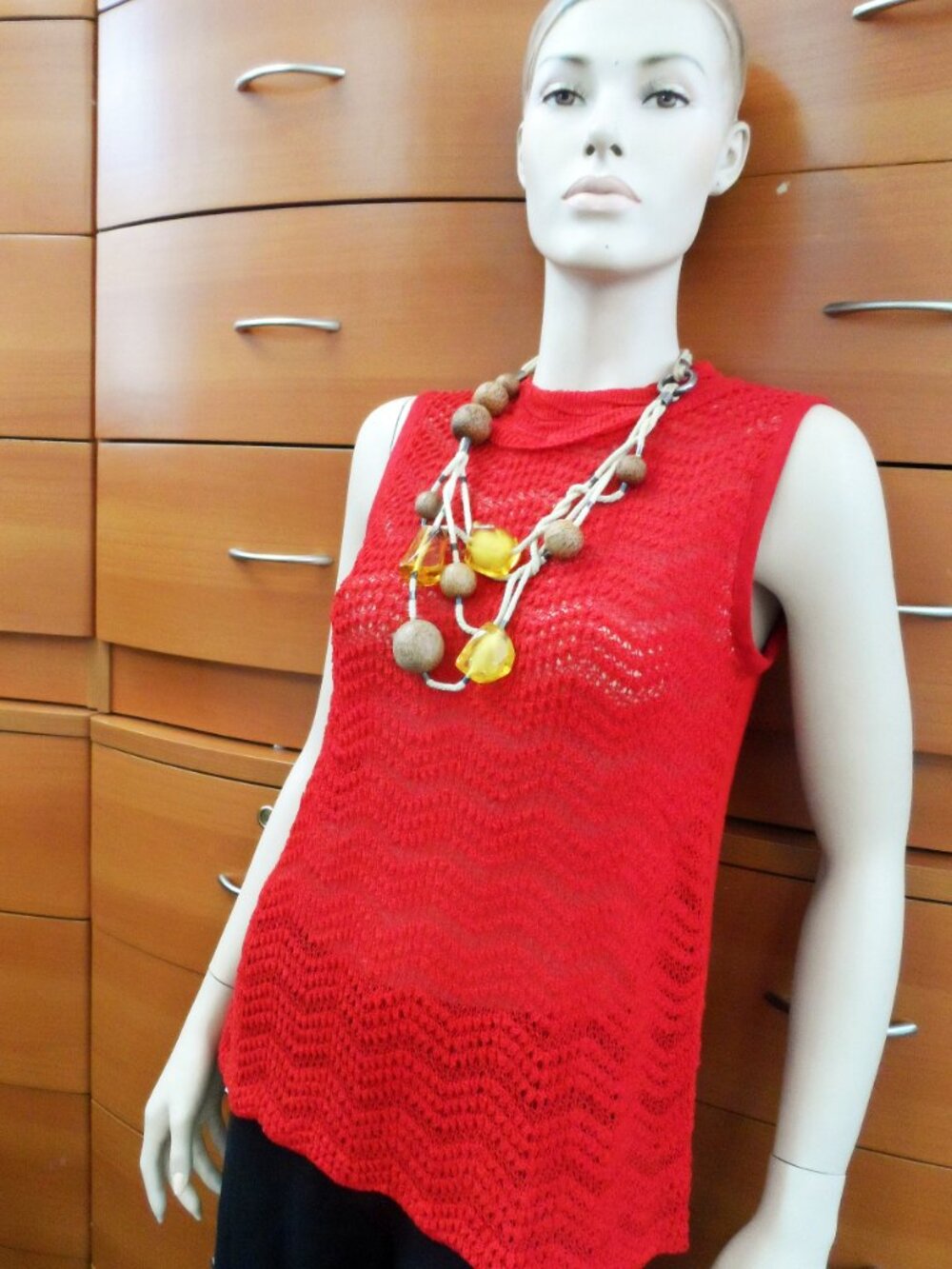 Handmade Knitted Linen Top Red Romantic Style